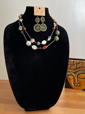 Earth tone necklace with ceramic glass shell beads with artisan earrings set